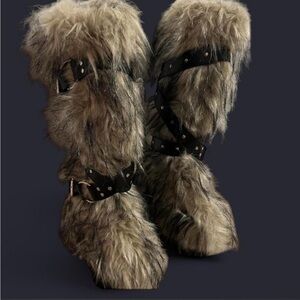Dolls Kill Faux Fur Knee-High Boots in Taupe Brown with Black Straps